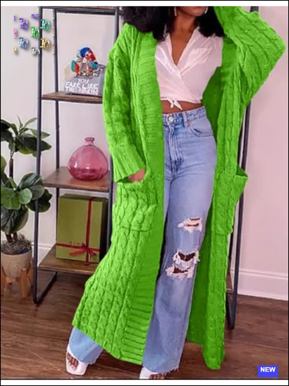 Women's Extra Long Chunky Cable Knit Cardigan with Pockets - Picture 3 of 5